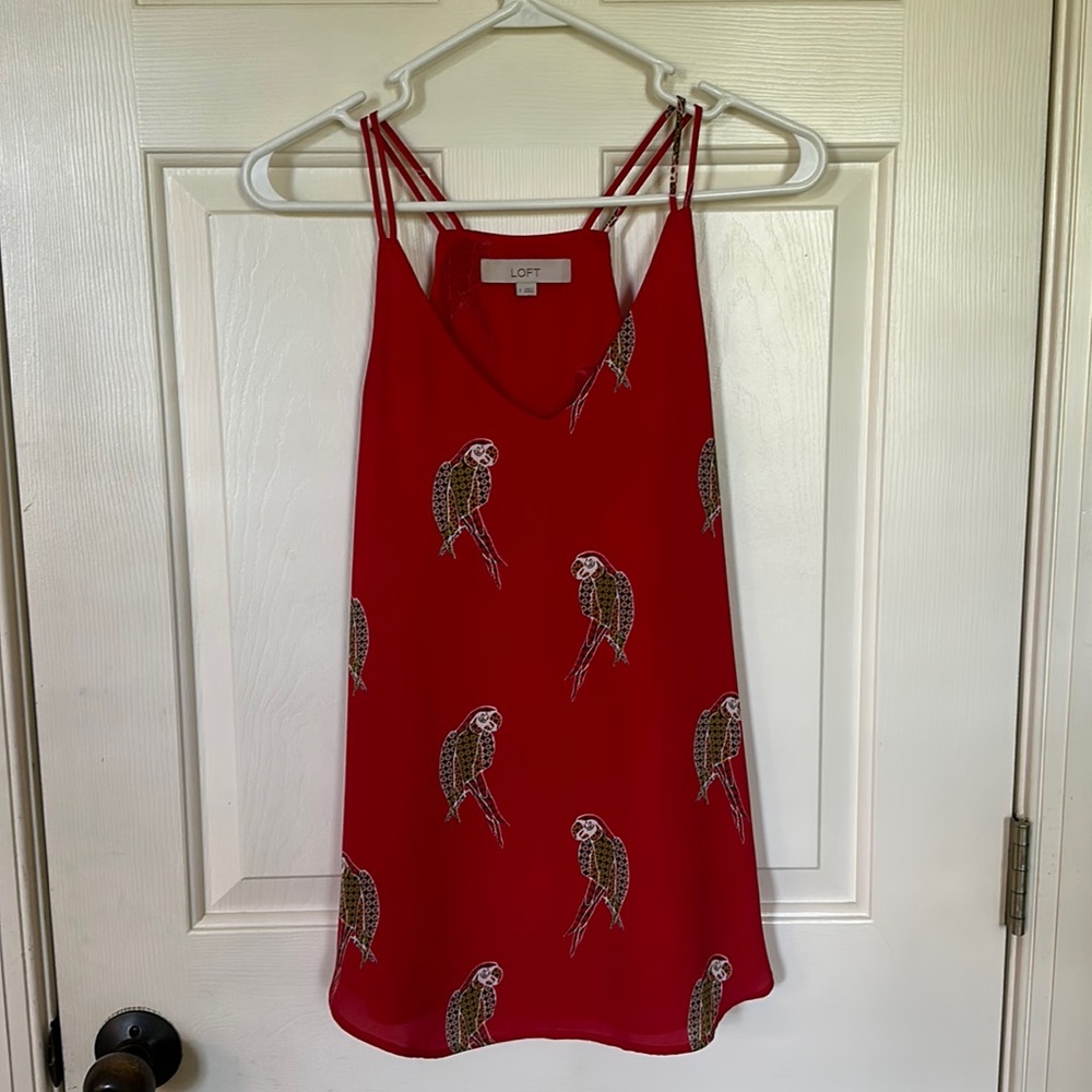 Red tank top blouse with parrots